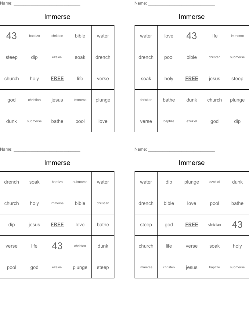 Immerse Bingo Cards