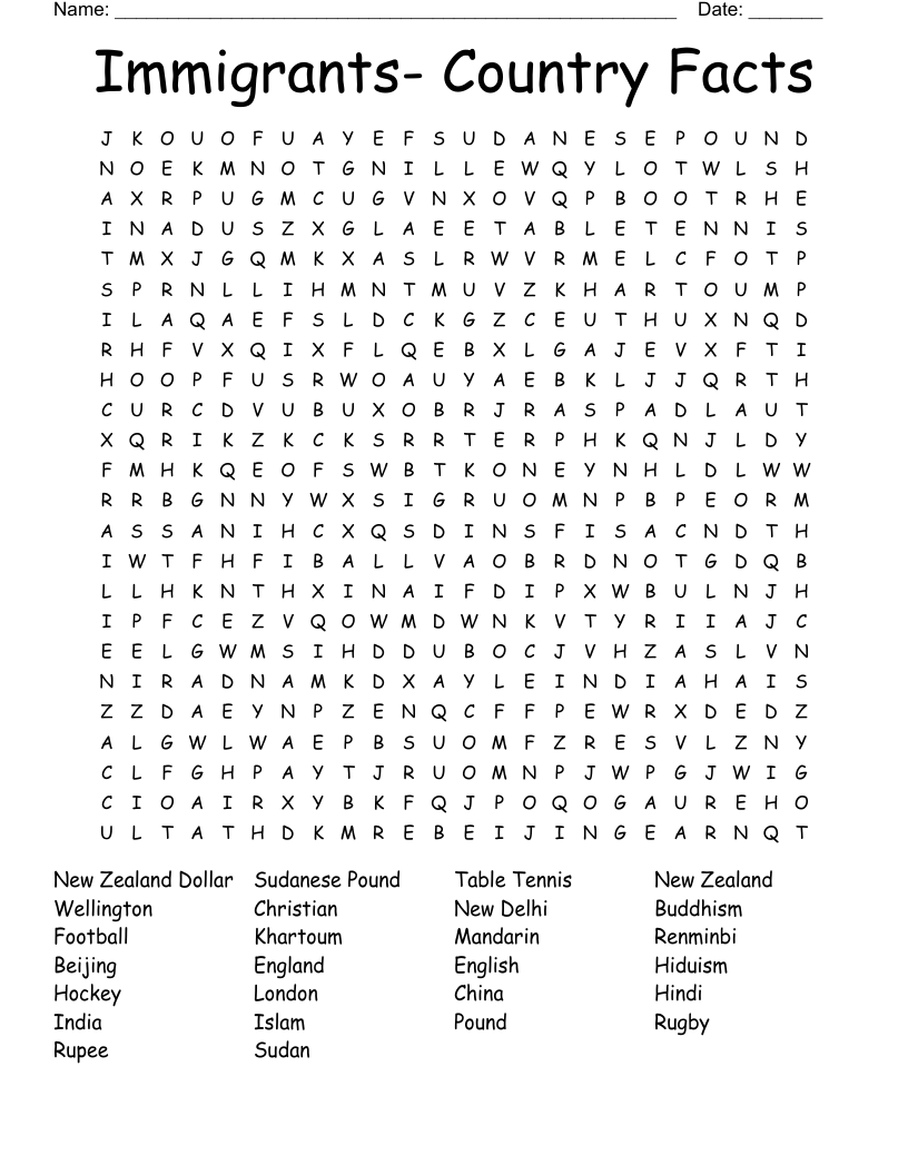 Immigrants- Country Facts Word Search