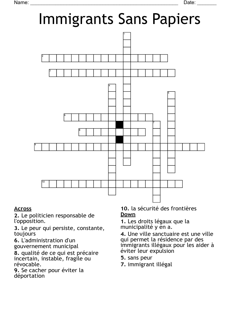 Immigrants Sans Papiers Crossword