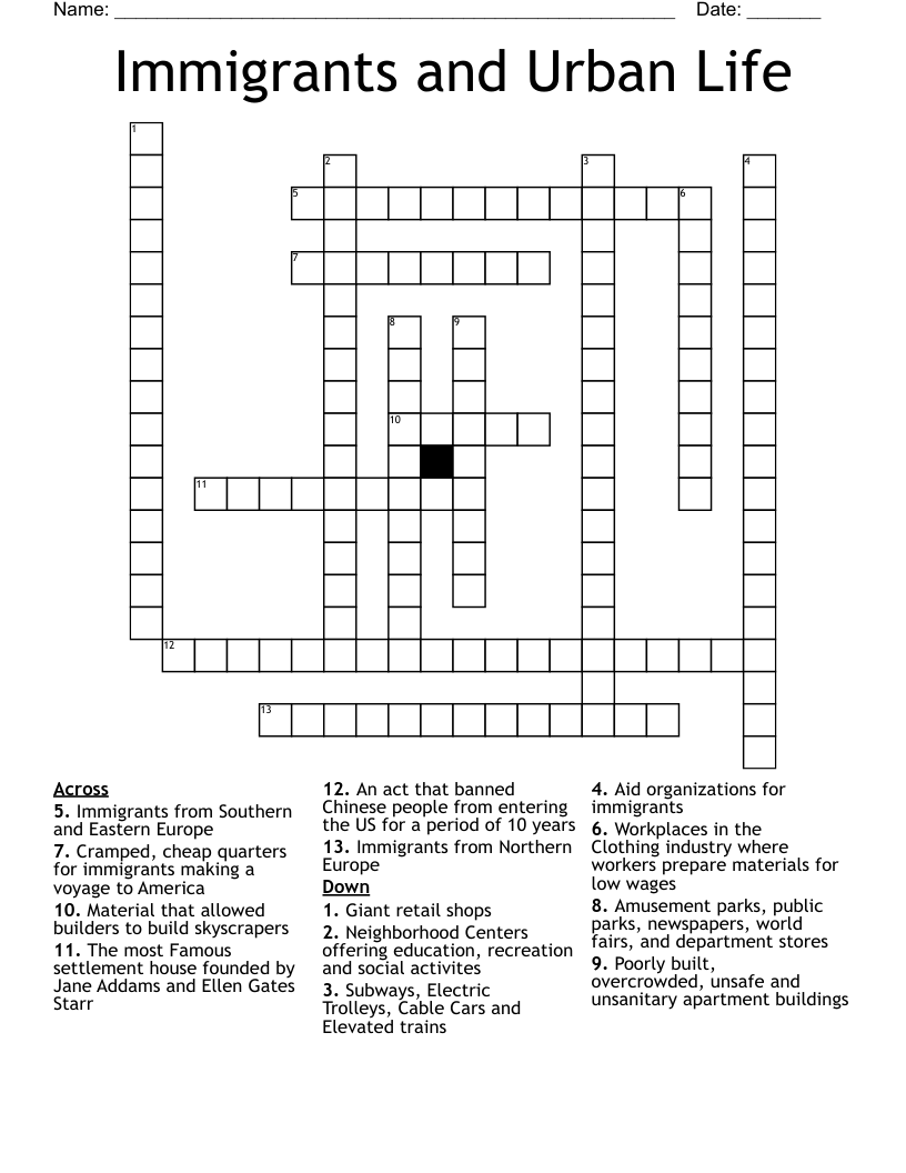 Immigrants and Urban Life Crossword
