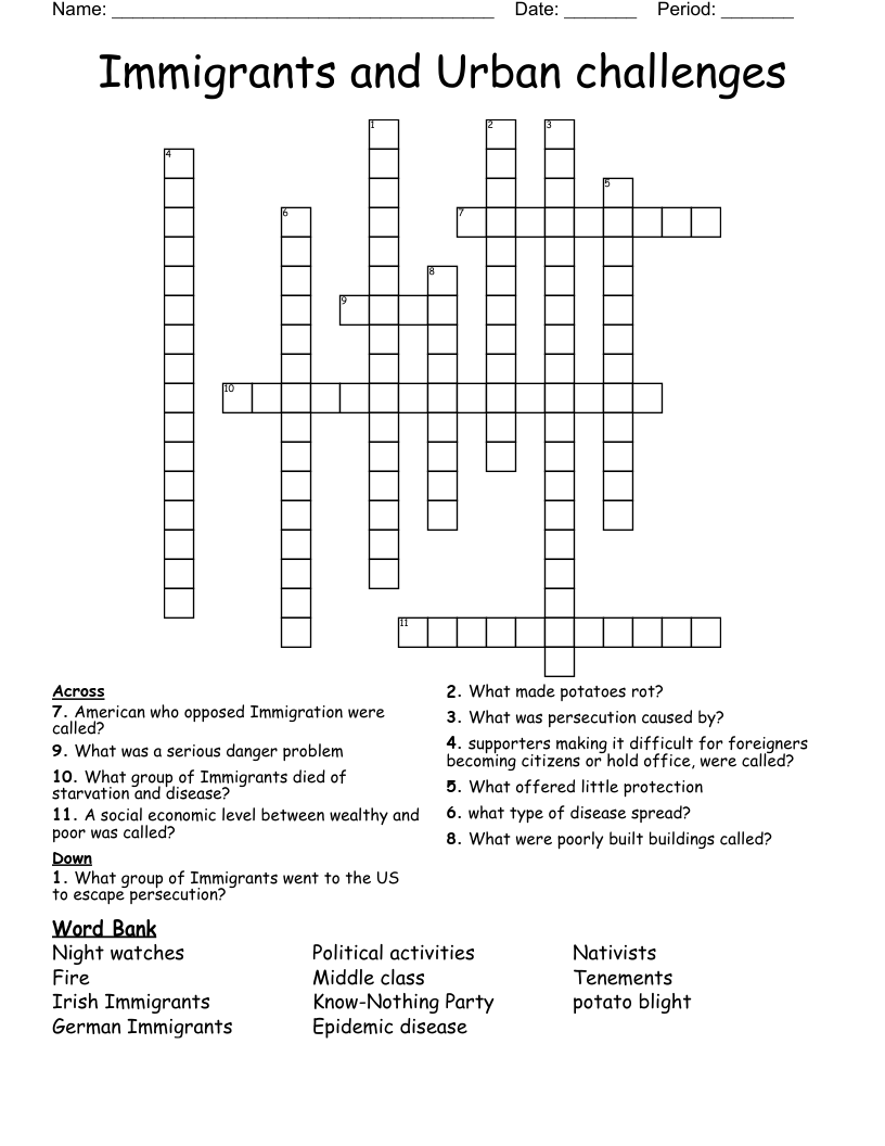 Immigrants and Urban challenges  Crossword