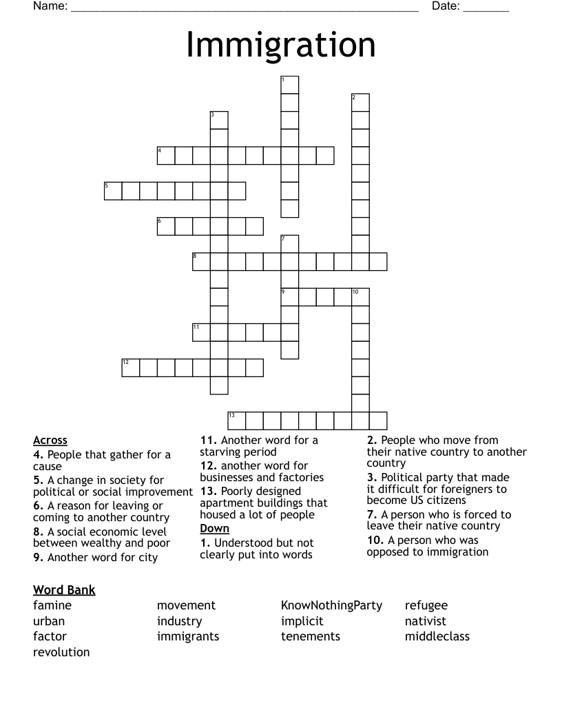 Immigration Crossword