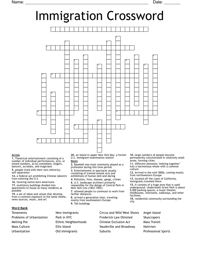 Immigration Crossword