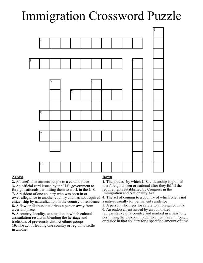 Immigration Crossword Puzzle