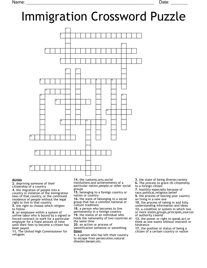 Immigration Crossword Puzzle