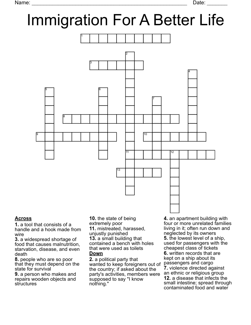 Immigration For A Better Life Crossword