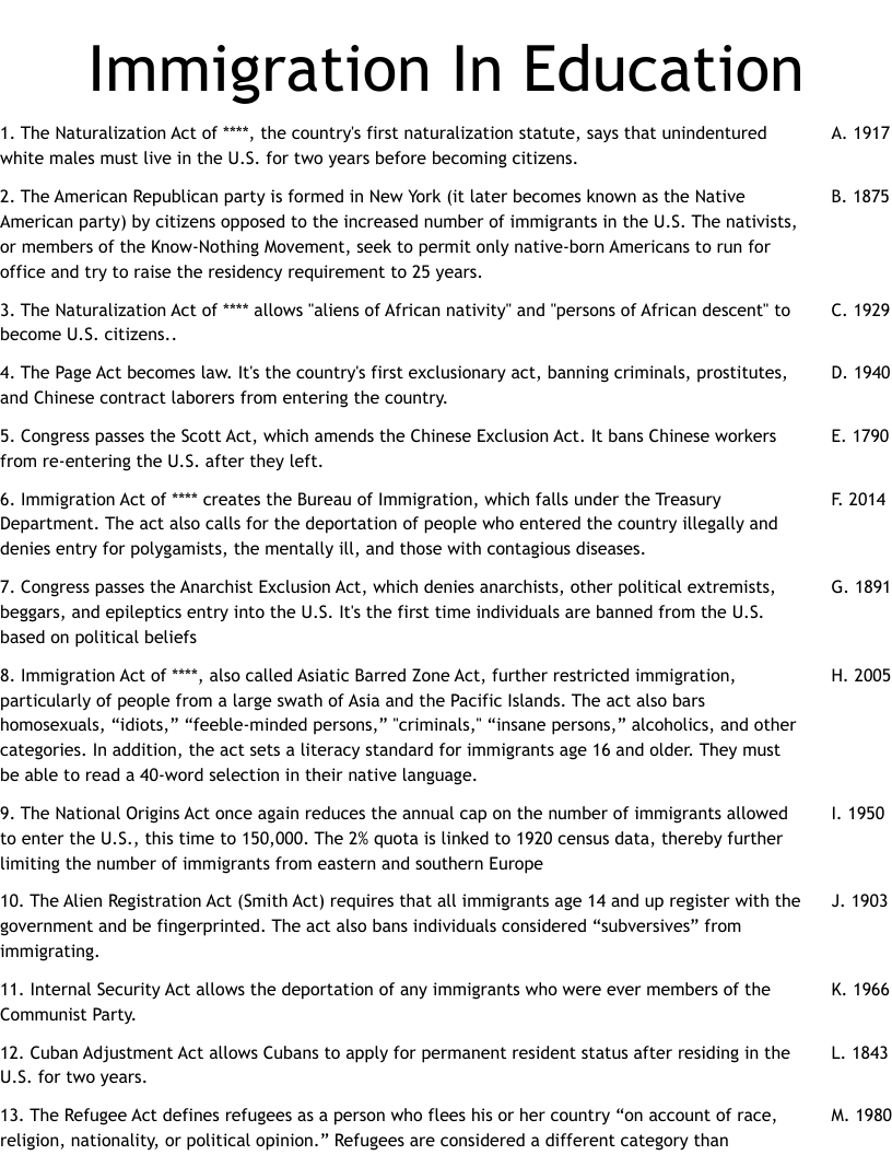Immigration In Education Worksheet