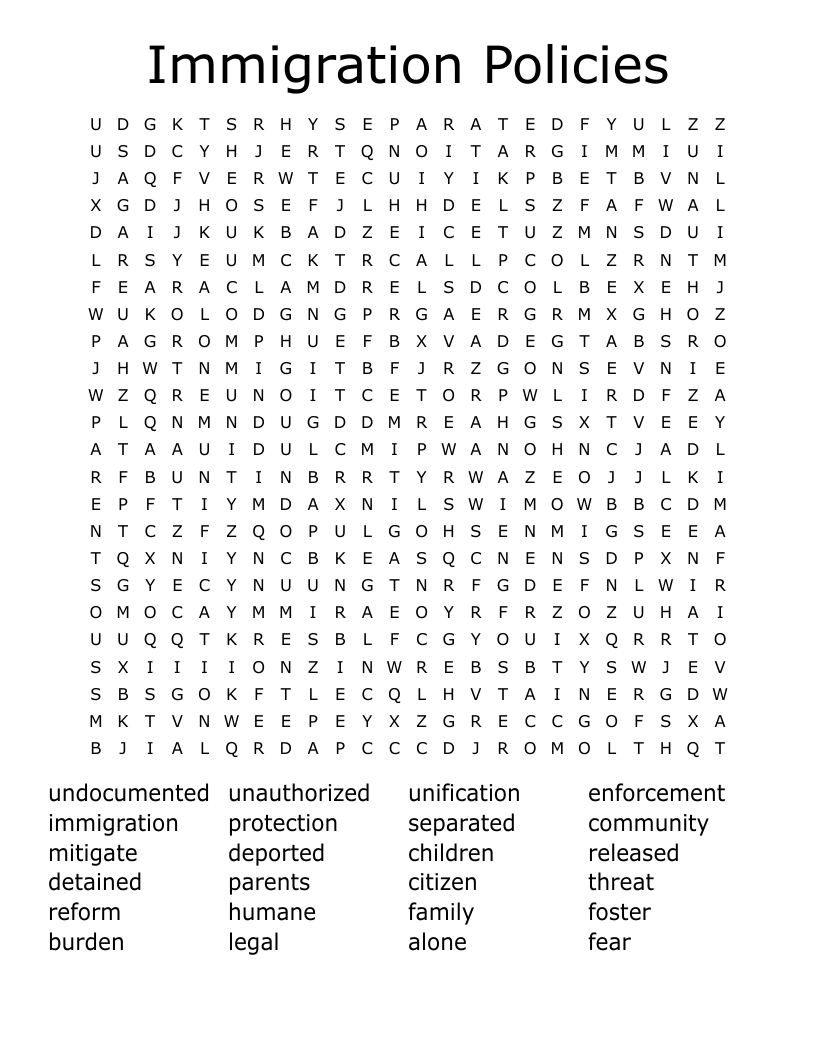Immigration Policies Word Search