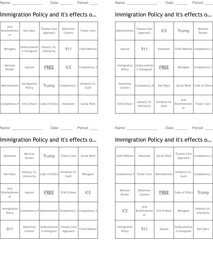 Immigration Policy and it's effects on children  Bingo Cards