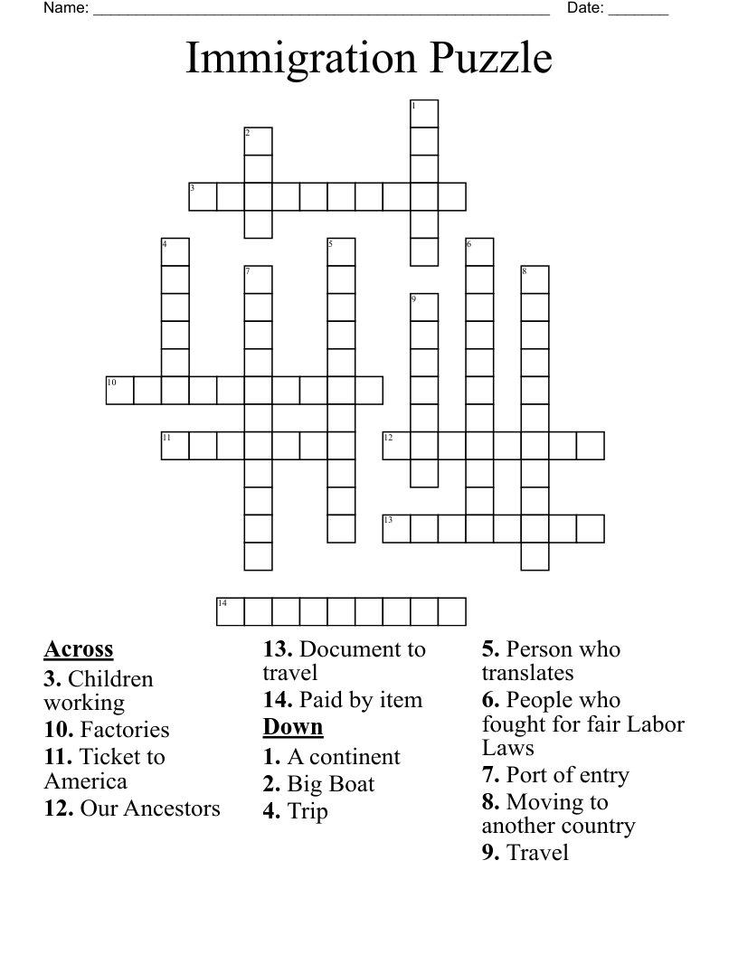 Immigration Puzzle Crossword
