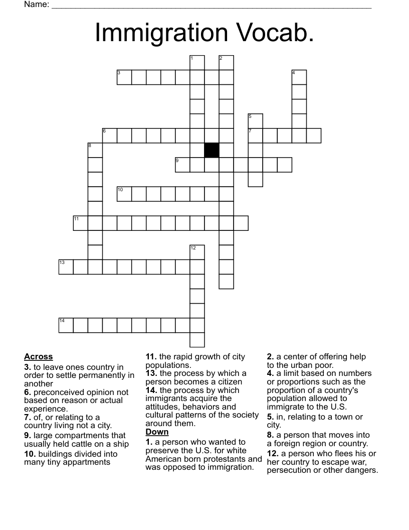 Immigration Vocab. Crossword