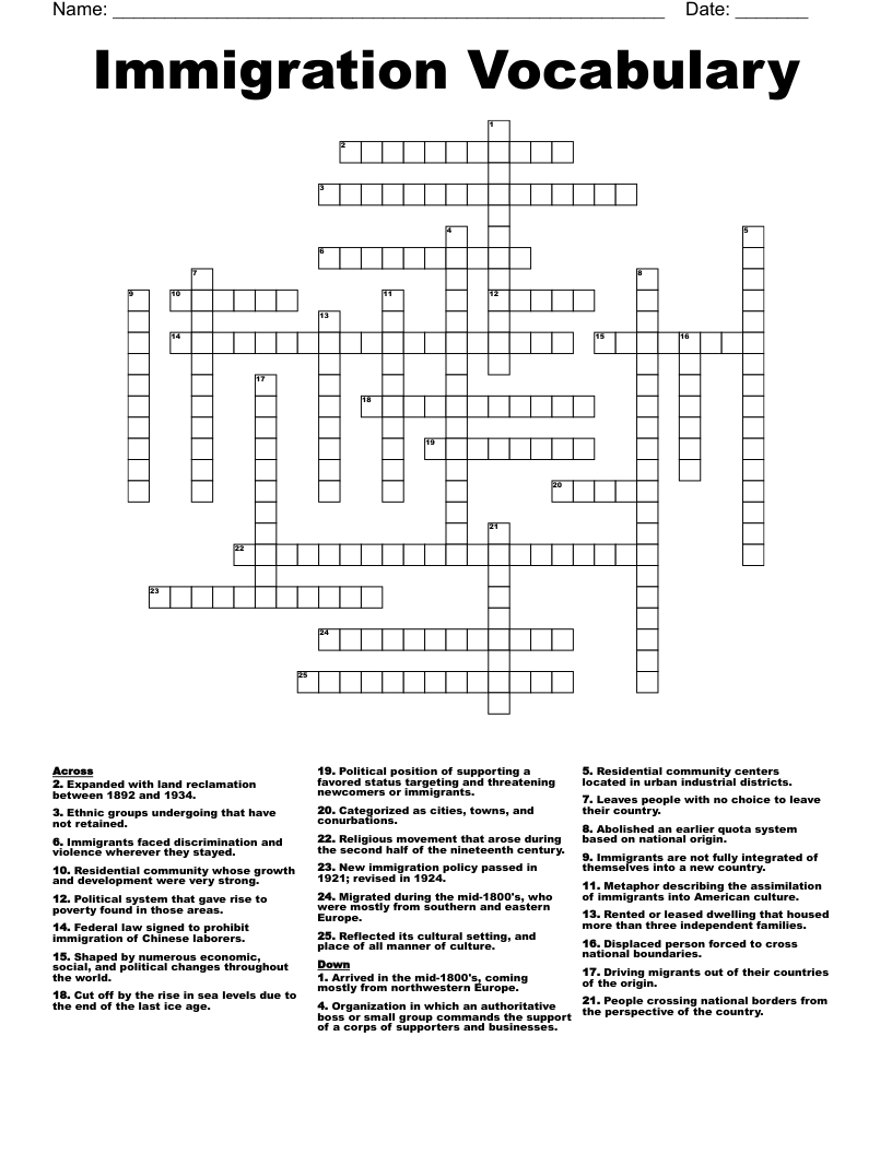 Immigration Vocabulary Crossword