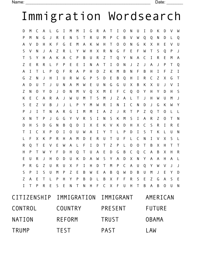 Immigration Wordsearch