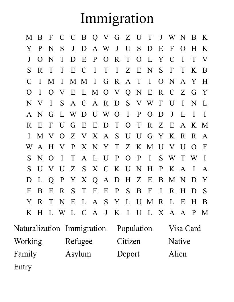 Immigration  Word Search