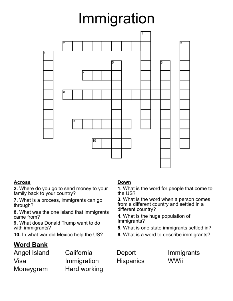 Immigration  Crossword
