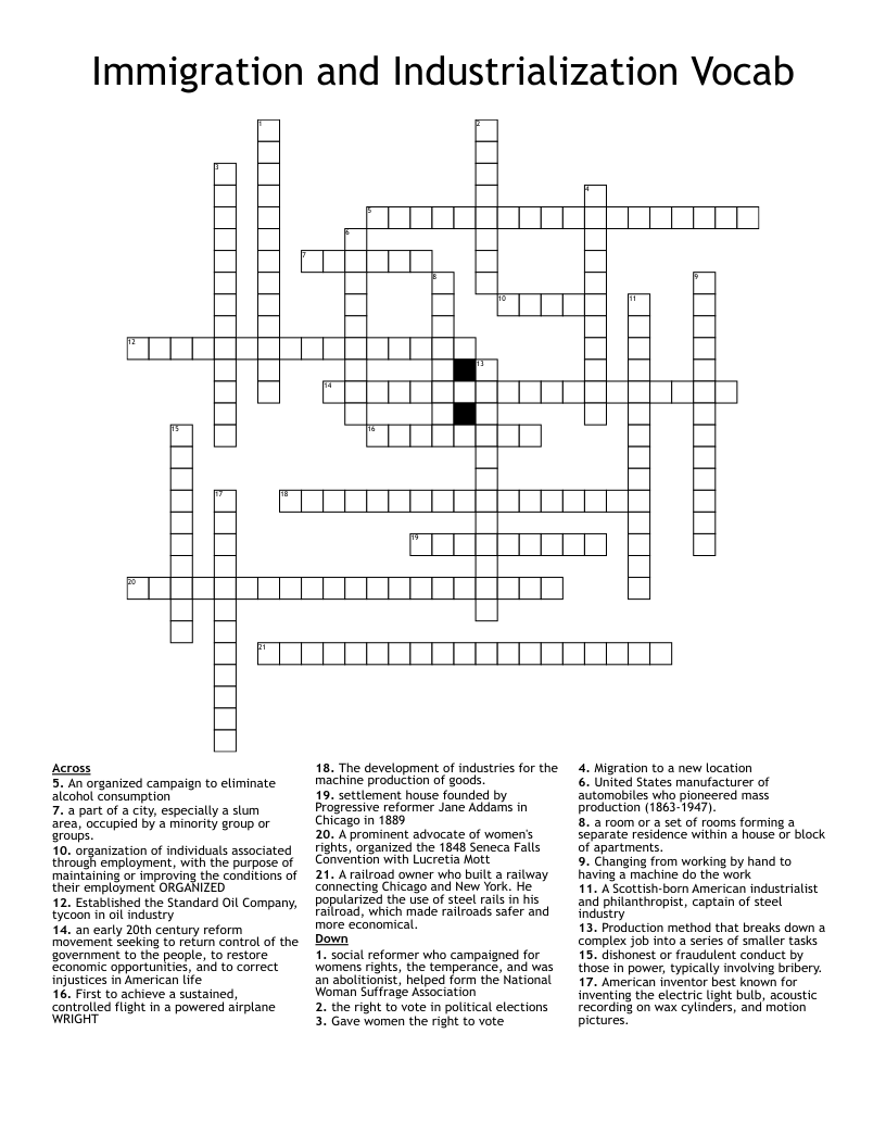 Immigration and Industrialization Vocab Crossword