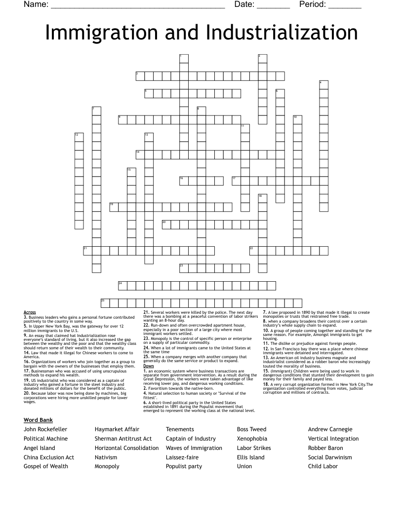 Immigration and Industrialization  Crossword