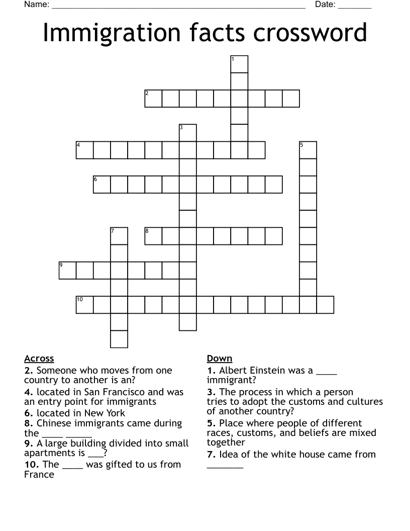 Immigration facts crossword