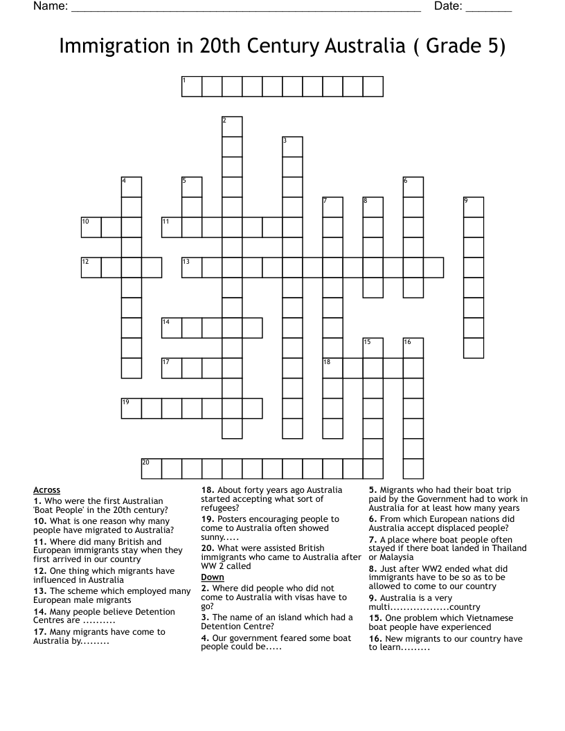 Immigration in 20th Century Australia ( Grade 5) Crossword