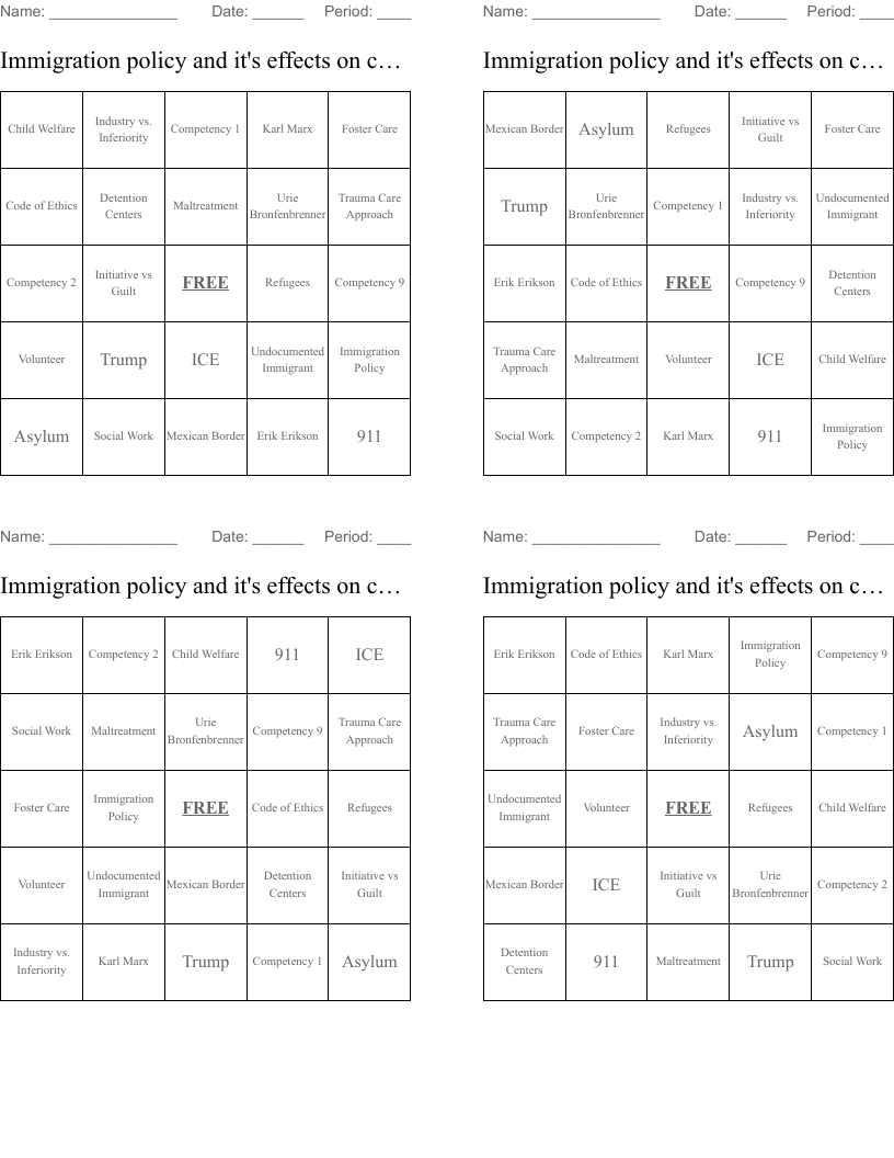 Immigration policy and it's effects on children  Bingo Cards