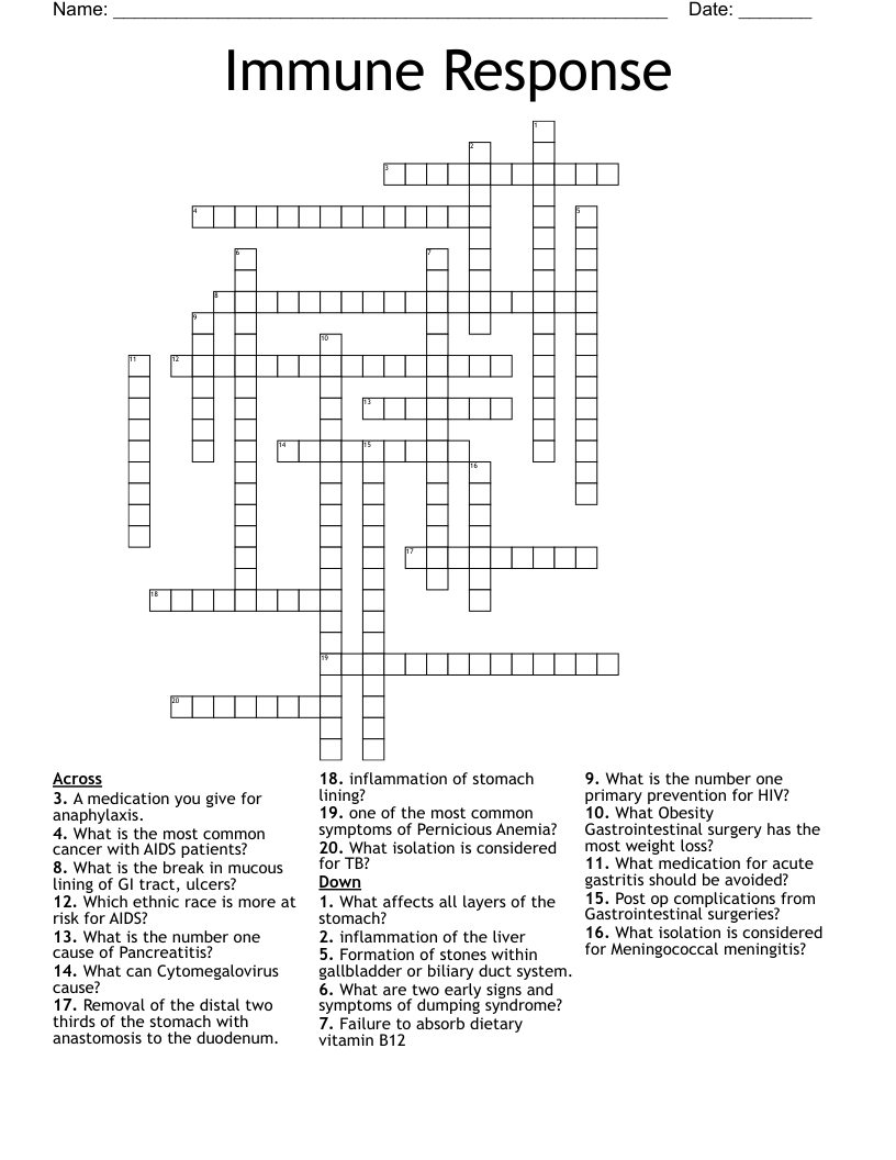 Immune Response Crossword