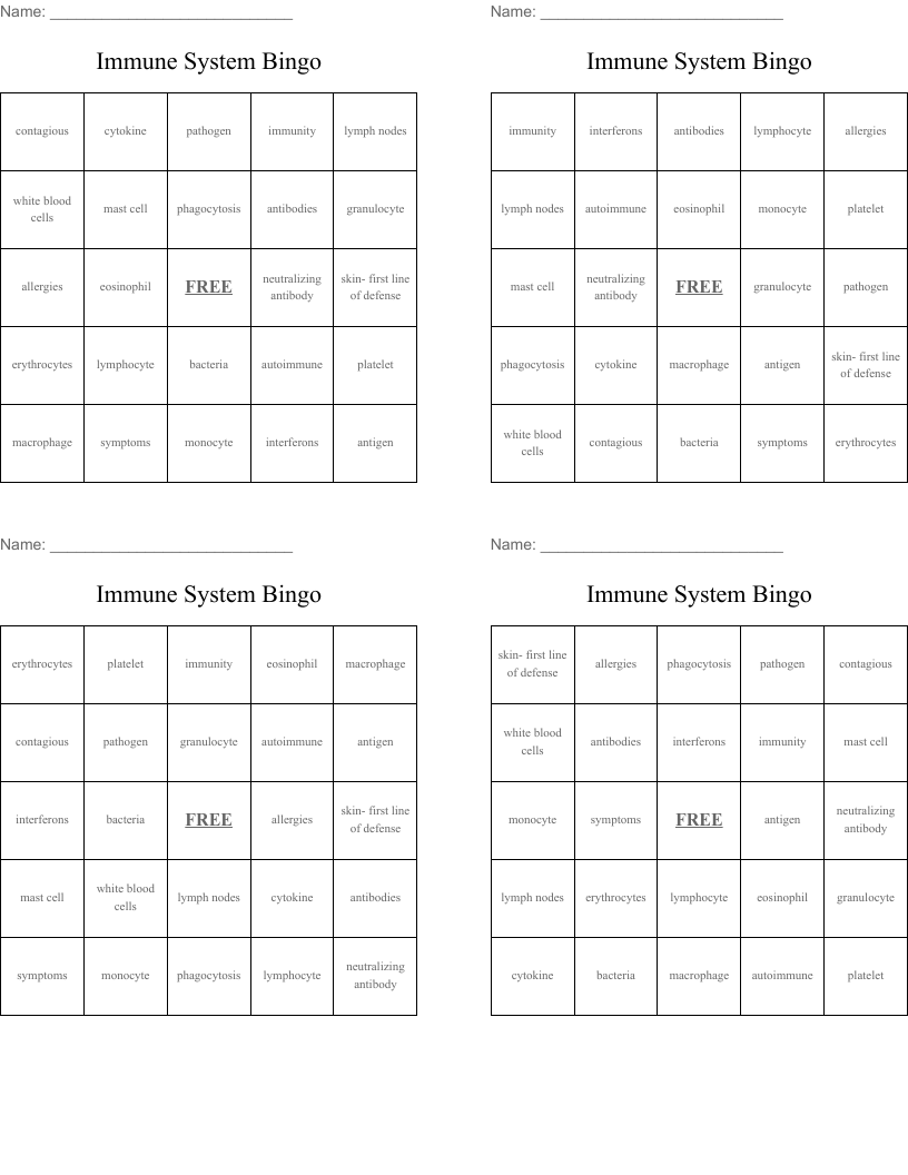 Immune System Bingo