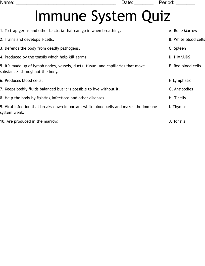 Immune System Quiz Worksheet