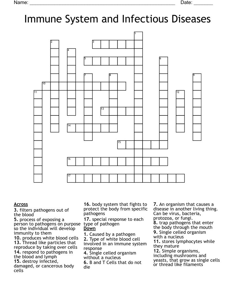 Immune System and Infectious Diseases Crossword