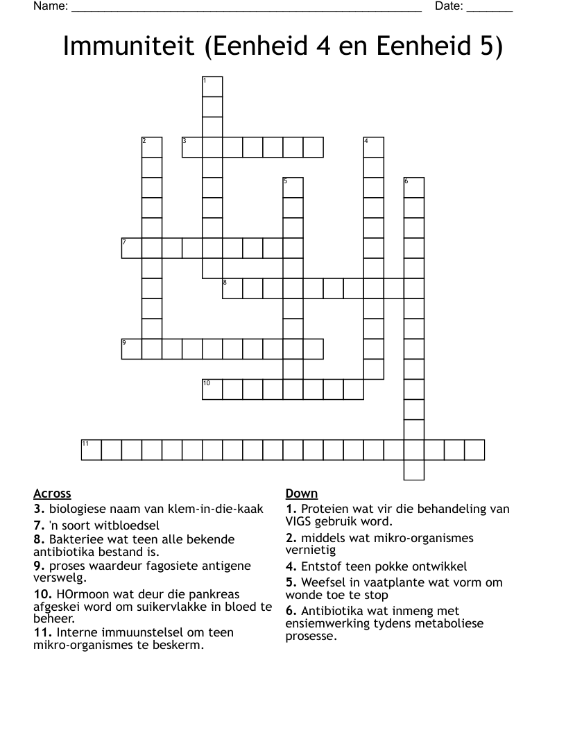 Immuniteit (Eenheid  4 en Eenheid 5) Crossword