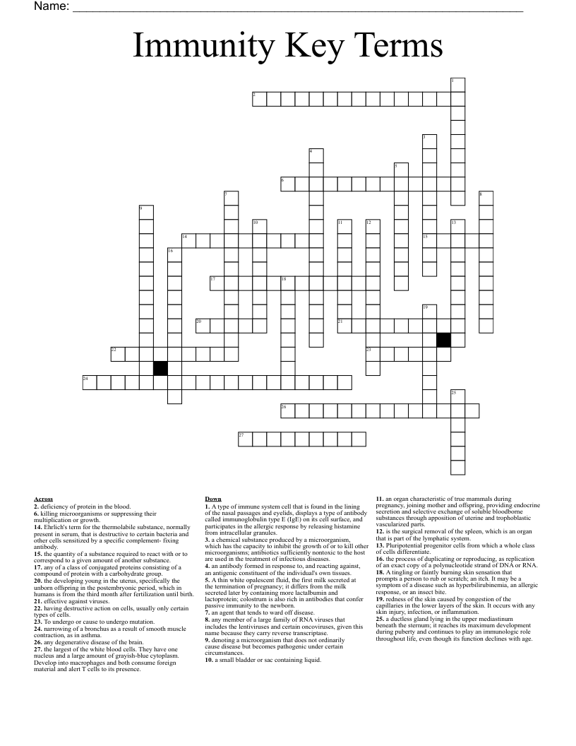 Immunity Key Terms Crossword