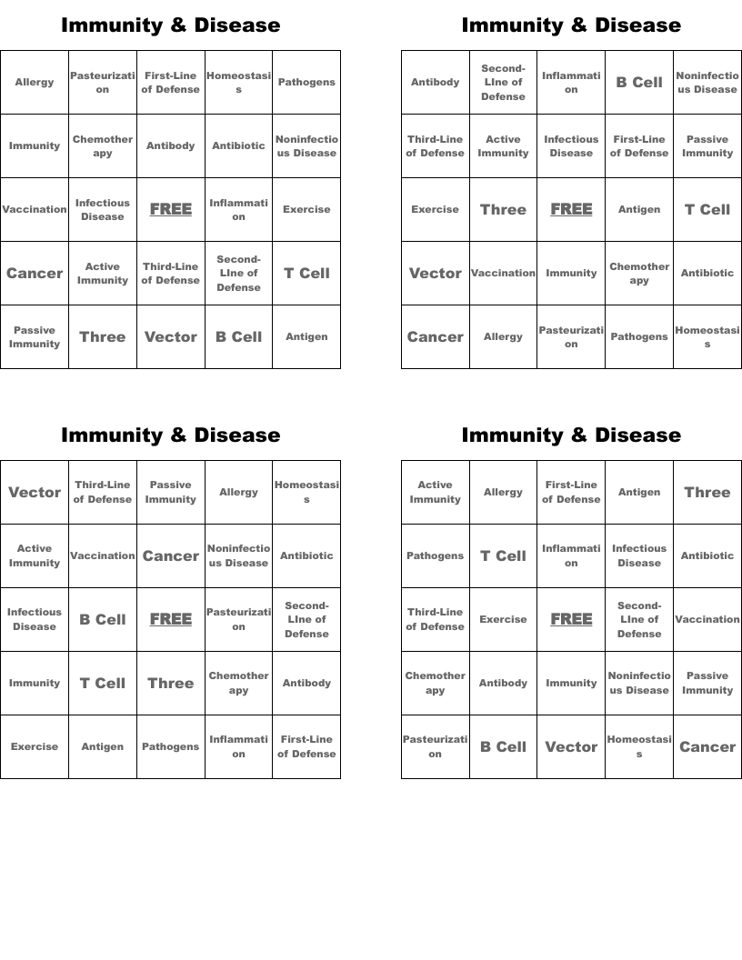 Immunity & Disease Bingo Cards