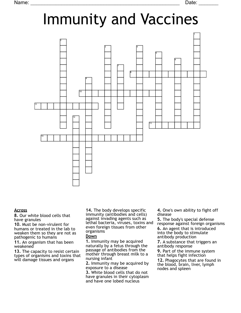 Immunity and Vaccines Crossword