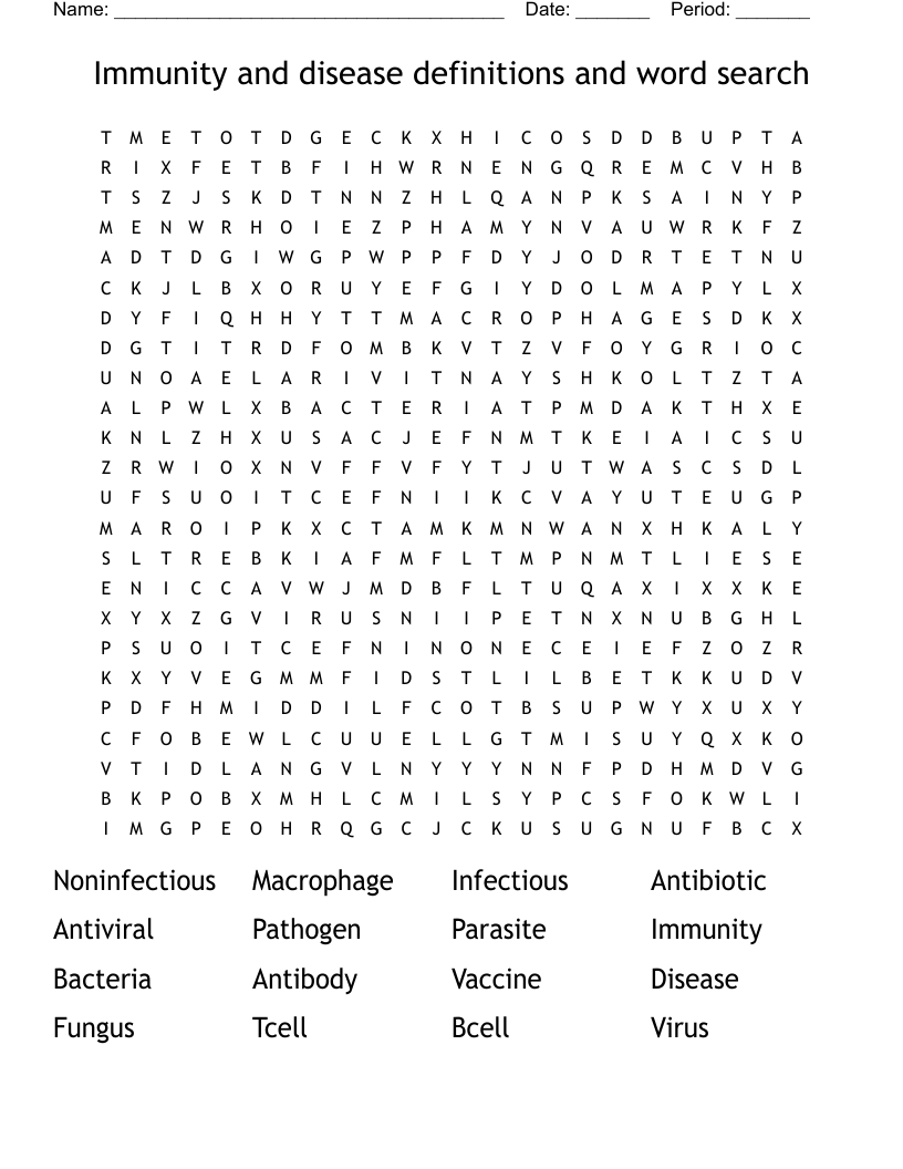 Immunity and disease definitions and word search