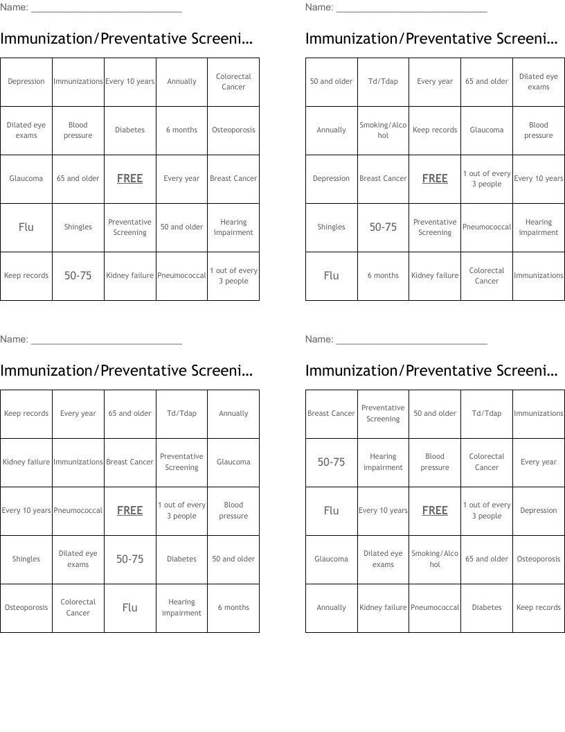 Immunization/Preventative Screening BINGO