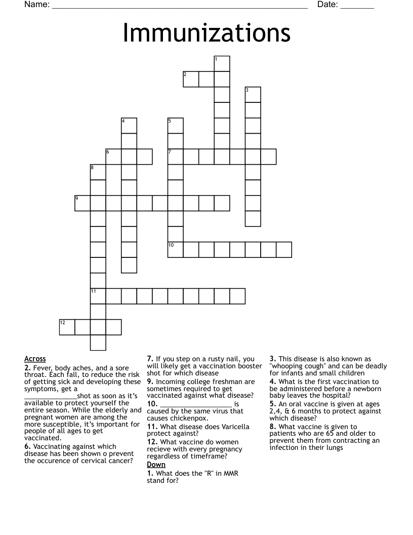 Immunizations Crossword
