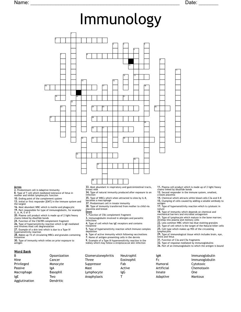 Immunology Crossword
