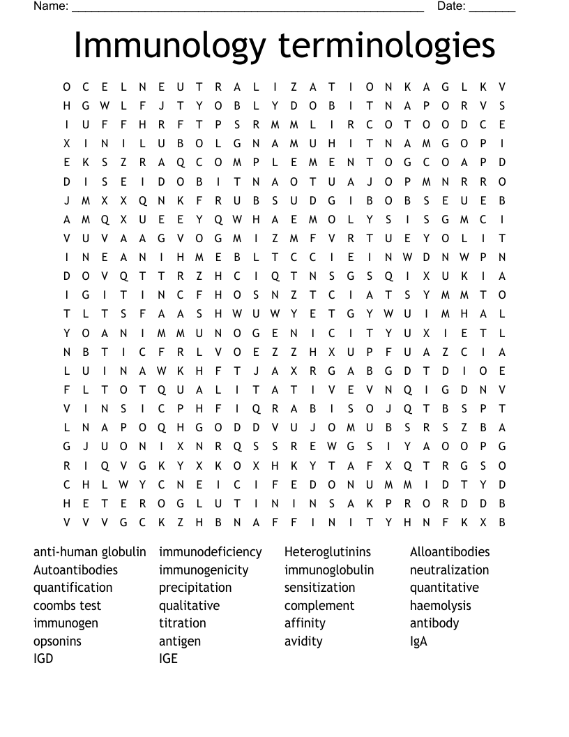 Immunology terminologies Word Search