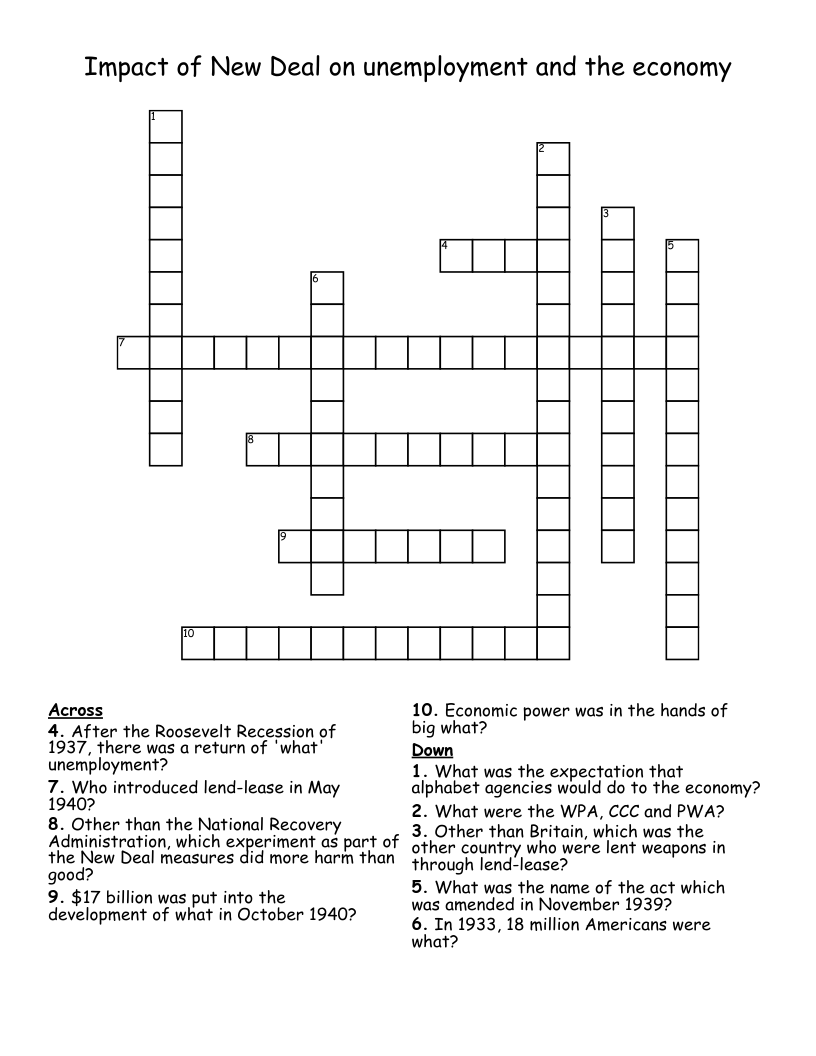 Impact of New Deal on unemployment and the economy Crossword