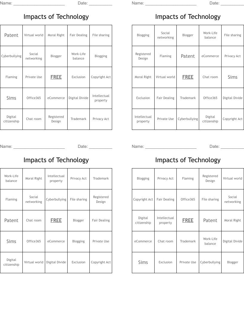 Impacts of Technology Bingo Cards