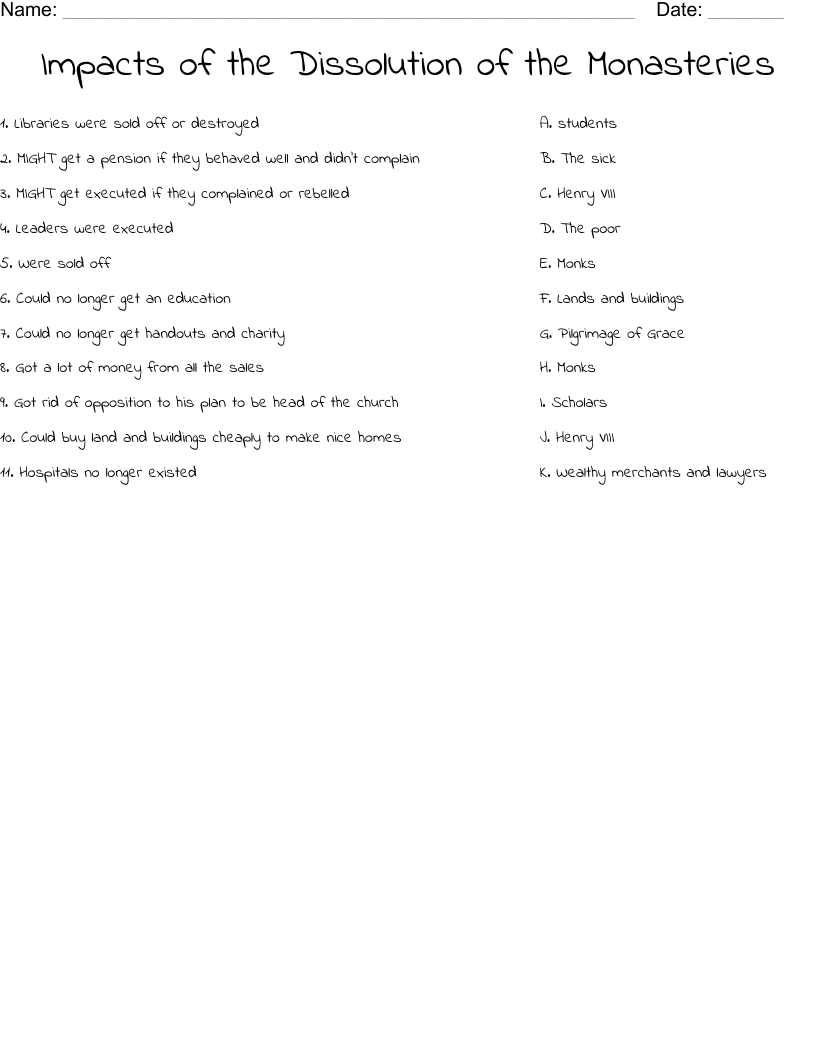 Impacts of the Dissolution of the Monasteries Worksheet