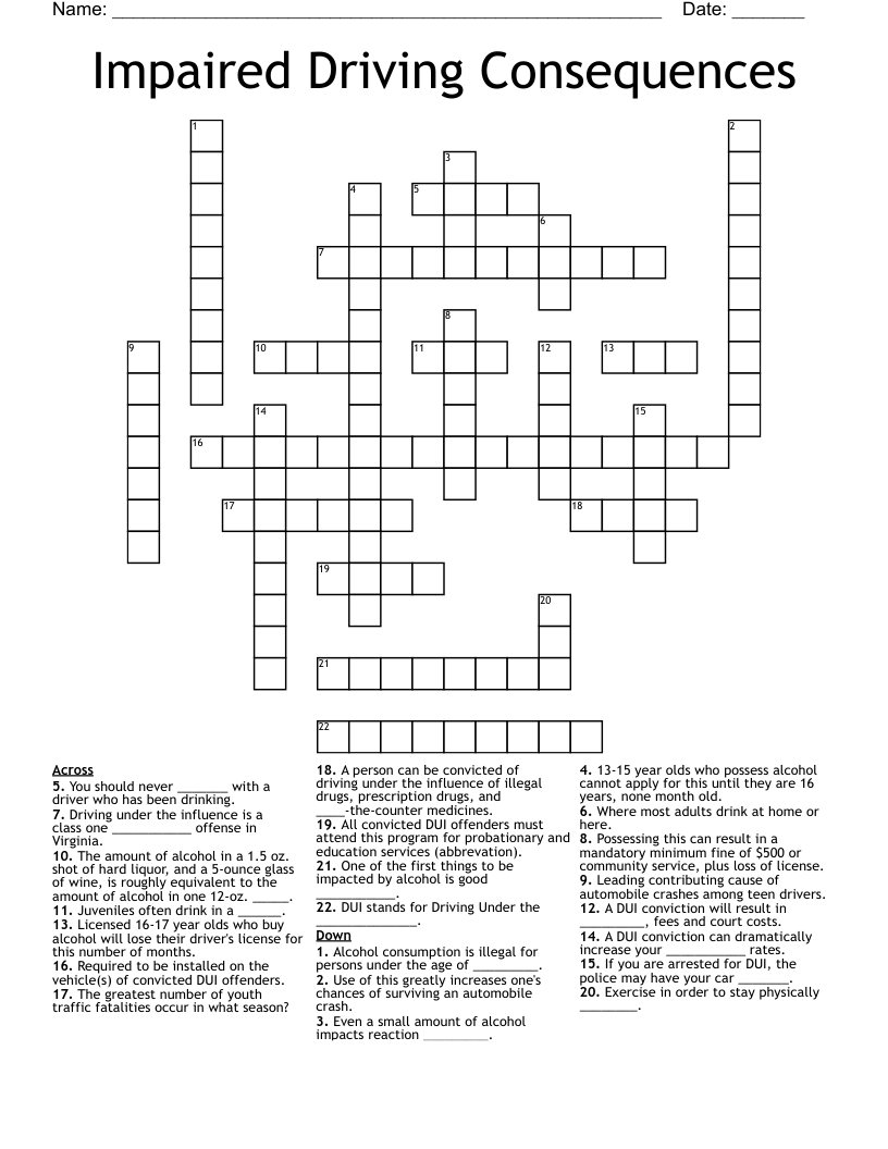Impaired Driving Consequences Crossword