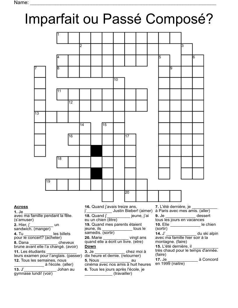 Imparfait ou Passé Composé? Crossword