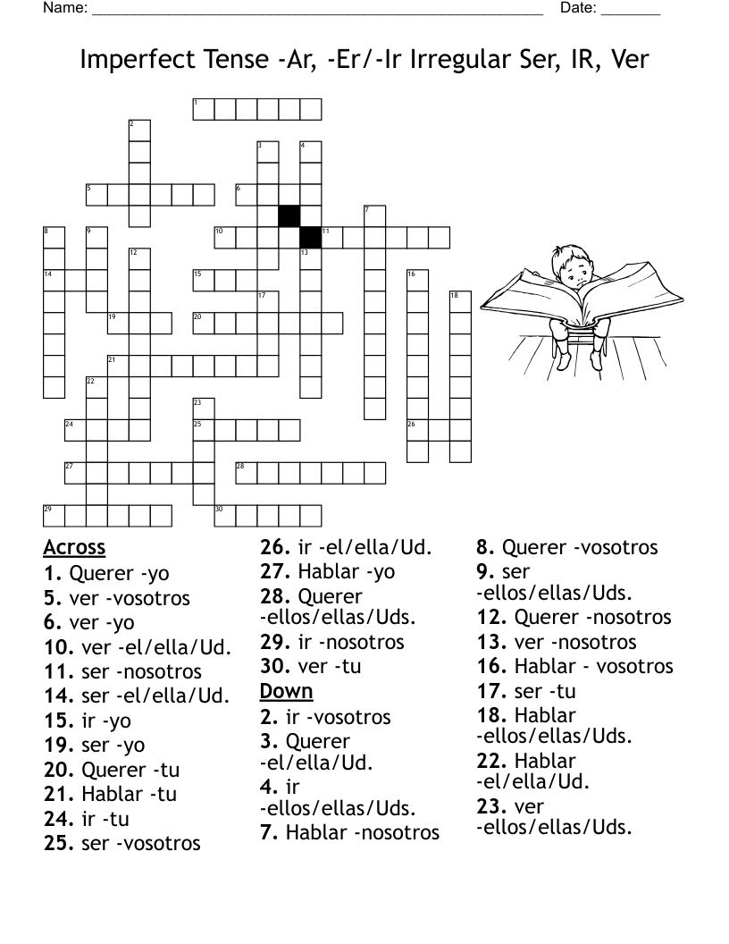 Imperfect Tense -Ar, -Er/-Ir Irregular Ser, IR, Ver  Crossword