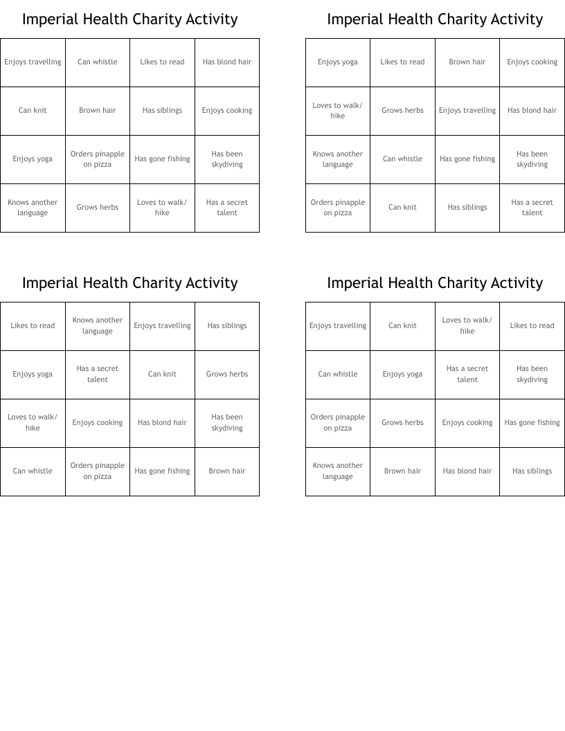 Imperial Health Charity Activity Bingo Cards