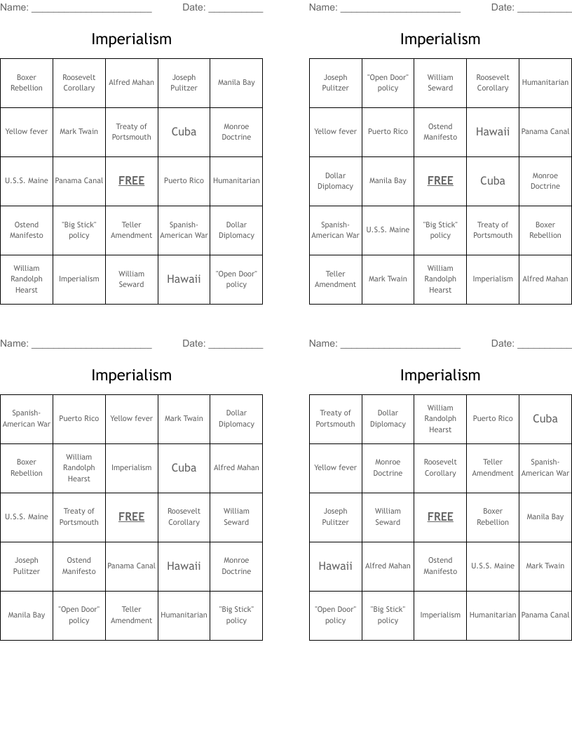 Imperialism Bingo Cards
