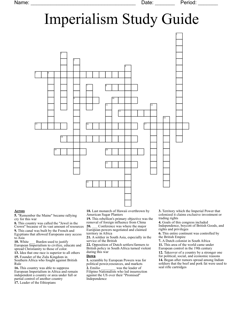 Imperialism Study Guide Crossword