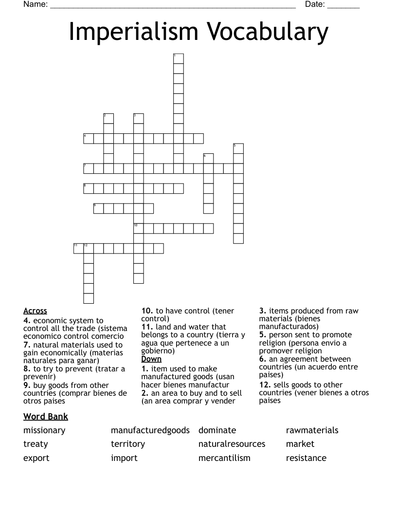Imperialism Vocabulary Crossword