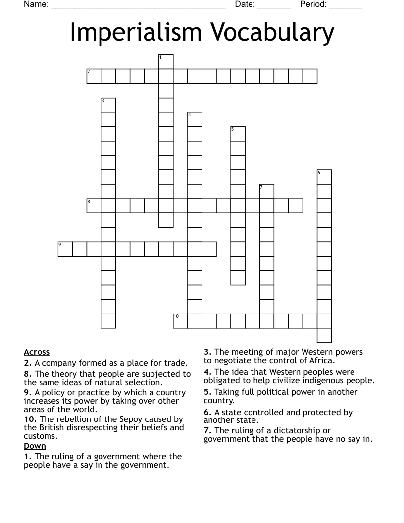 Imperialism Vocabulary Crossword