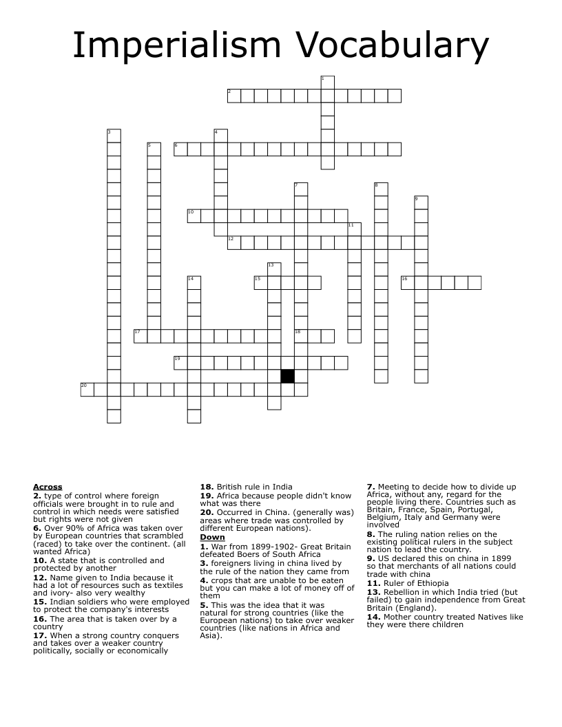 Imperialism Vocabulary Crossword