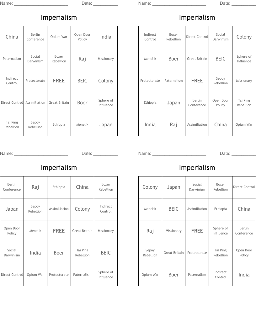 Imperialism  Bingo Cards